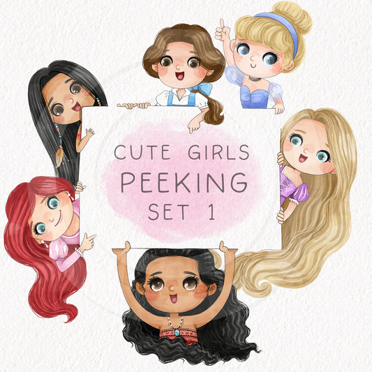 Cute girls peeking set 1, PNG files 300 dpi.
