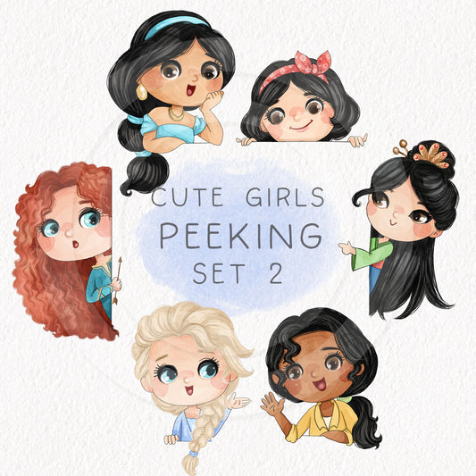 Cute girls peeking set 2, PNG files 300 dpi.