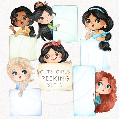 Cute girls peeking set 2, PNG files 300 dpi.