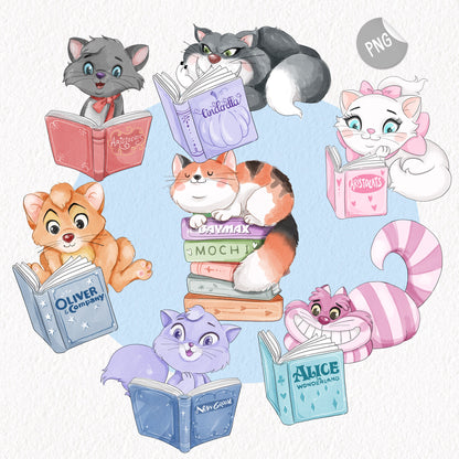 Cute Cat reading book clipart , Hand drawn clipart, PNG file - 300 dpi