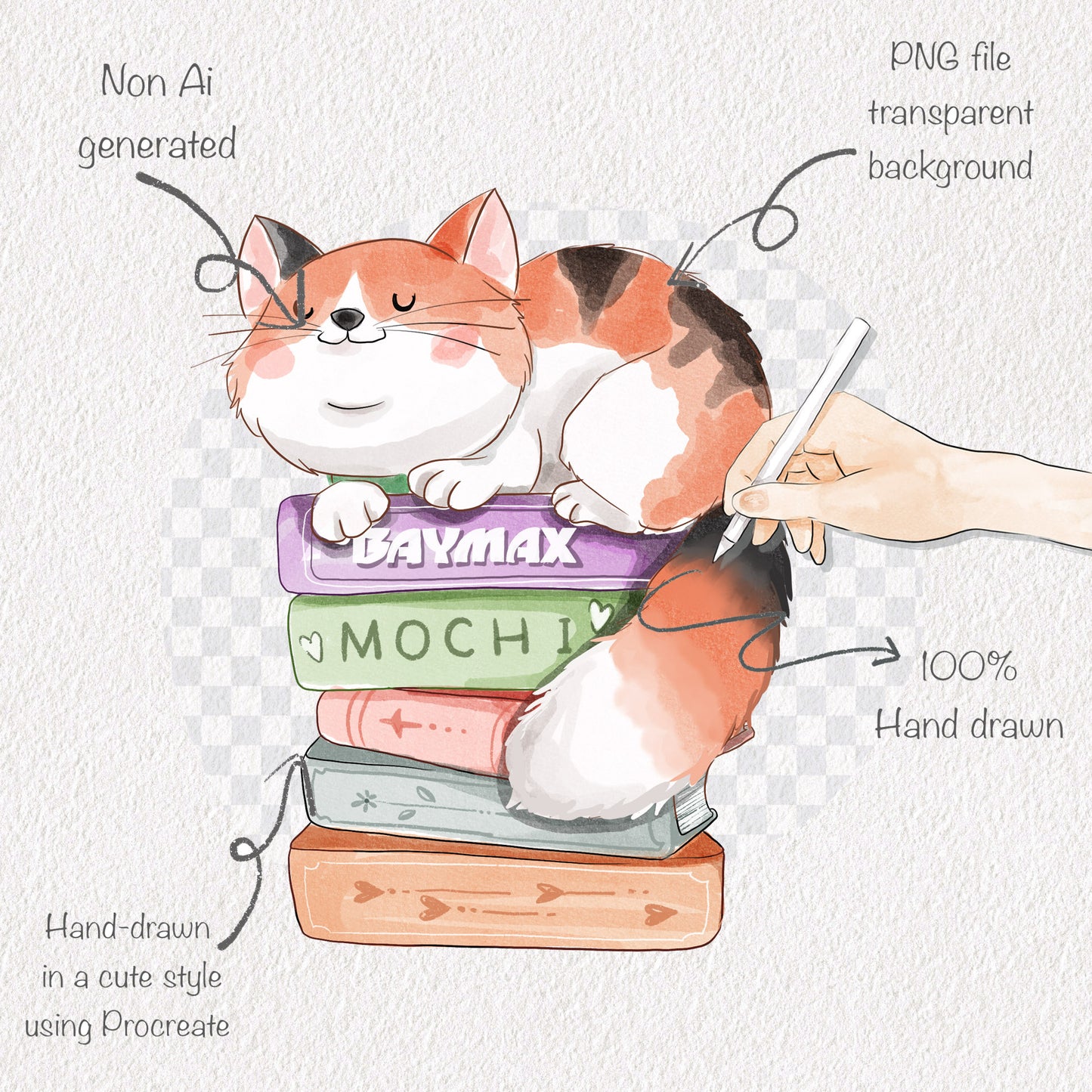 Cute Cat reading book clipart , Hand drawn clipart, PNG file - 300 dpi