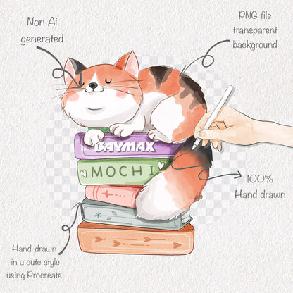 Cute Cat reading book clipart , Hand drawn clipart, PNG file - 300 dpi