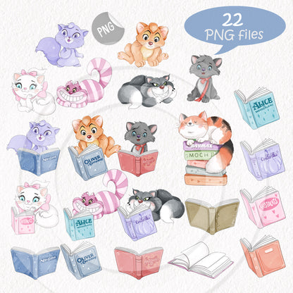 Cute Cat reading book clipart , Hand drawn clipart, PNG file - 300 dpi