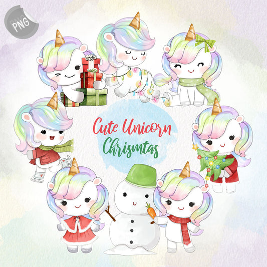 Cute Unicorn Christmas clipart instant download PNG file - 300 dpi