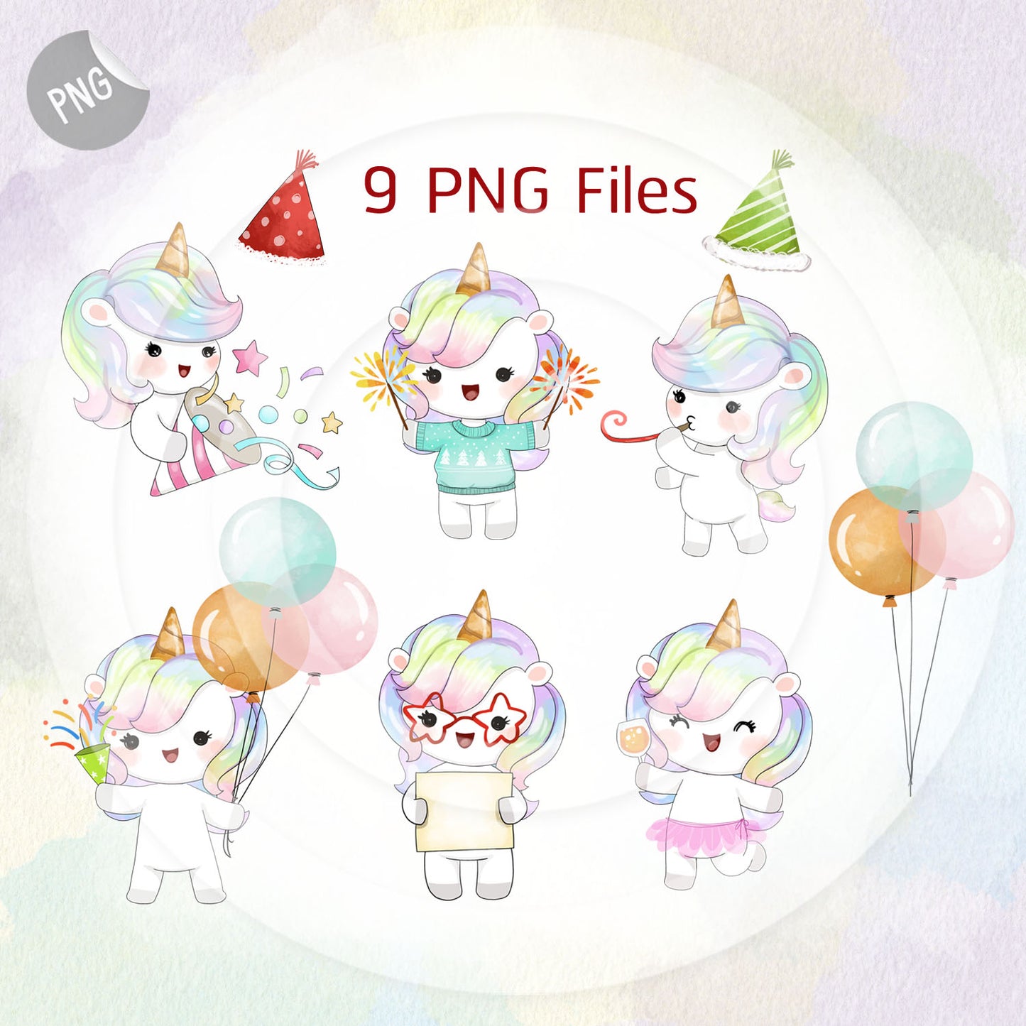 Cute Unicorn Party , New year clipart instant download PNG file - 300 dpi