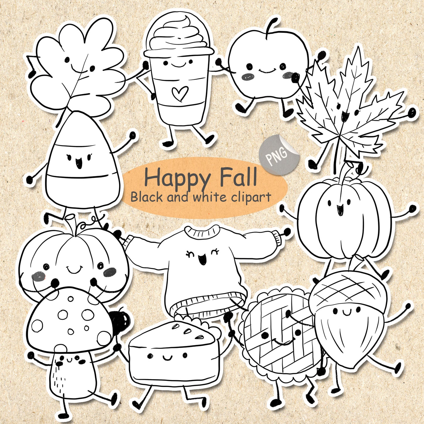 Happy Fall digital stamp Clipart, blackline art instant download PNG file - 300 dpi
