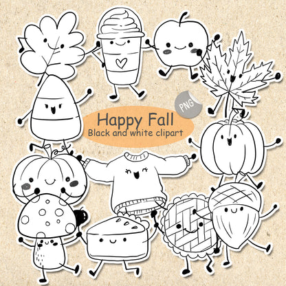Happy Fall digital stamp Clipart, blackline art instant download PNG file - 300 dpi