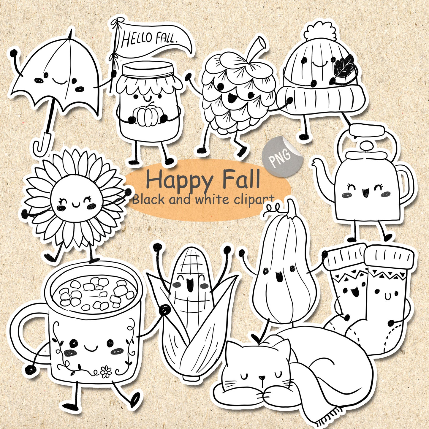 Happy Fall digital stamp Clipart, blackline art instant download PNG file - 300 dpi