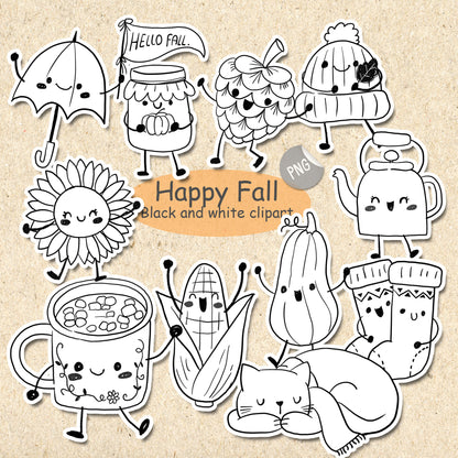 Happy Fall digital stamp Clipart, blackline art instant download PNG file - 300 dpi