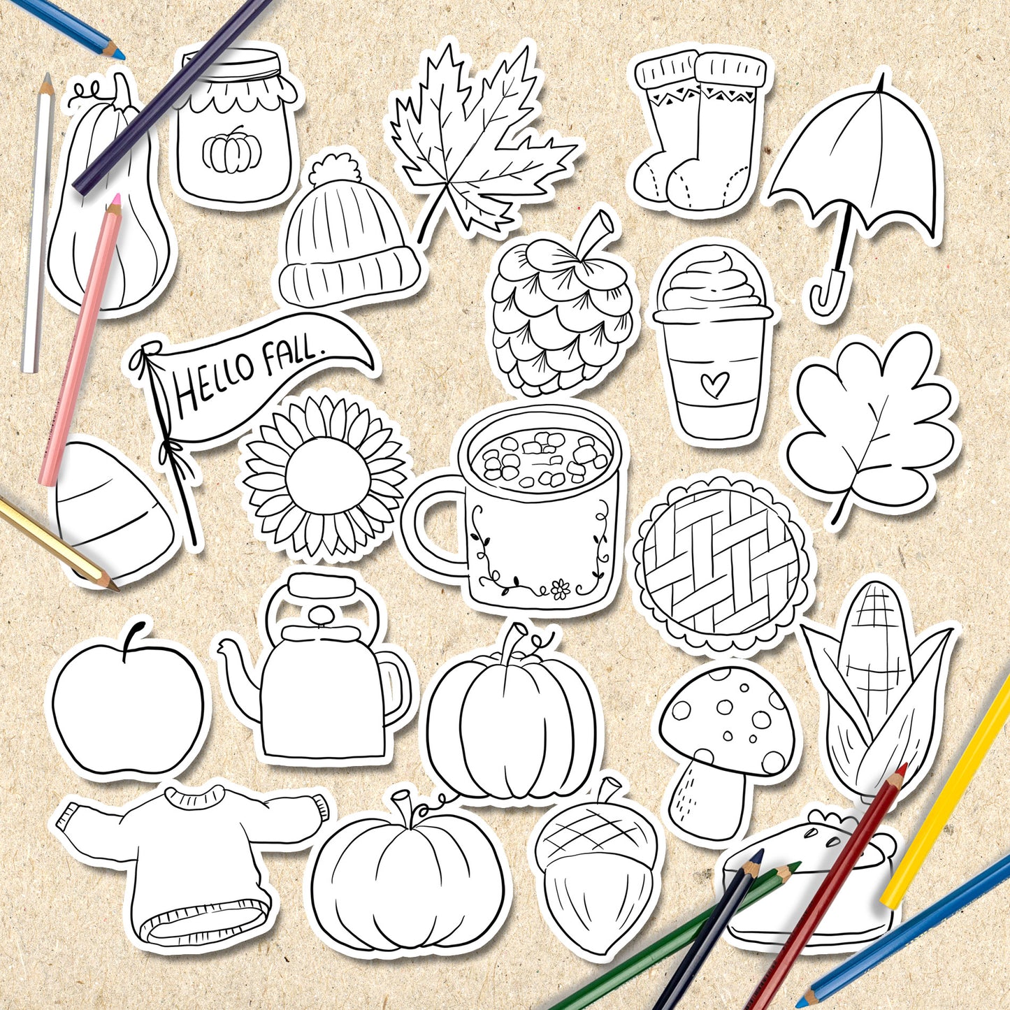 Happy Fall digital stamp Clipart, blackline art instant download PNG file - 300 dpi