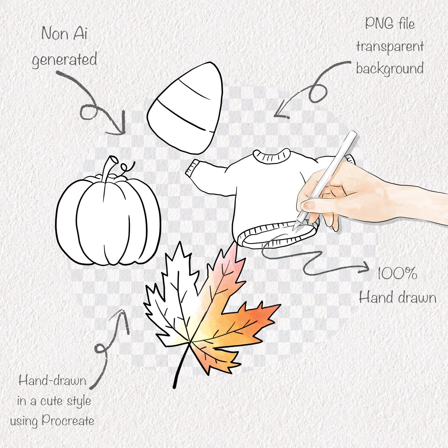 Happy Fall digital stamp Clipart, blackline art instant download PNG file - 300 dpi