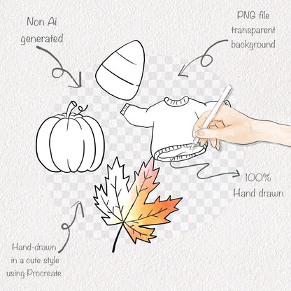 Happy Fall digital stamp Clipart, blackline art instant download PNG file - 300 dpi