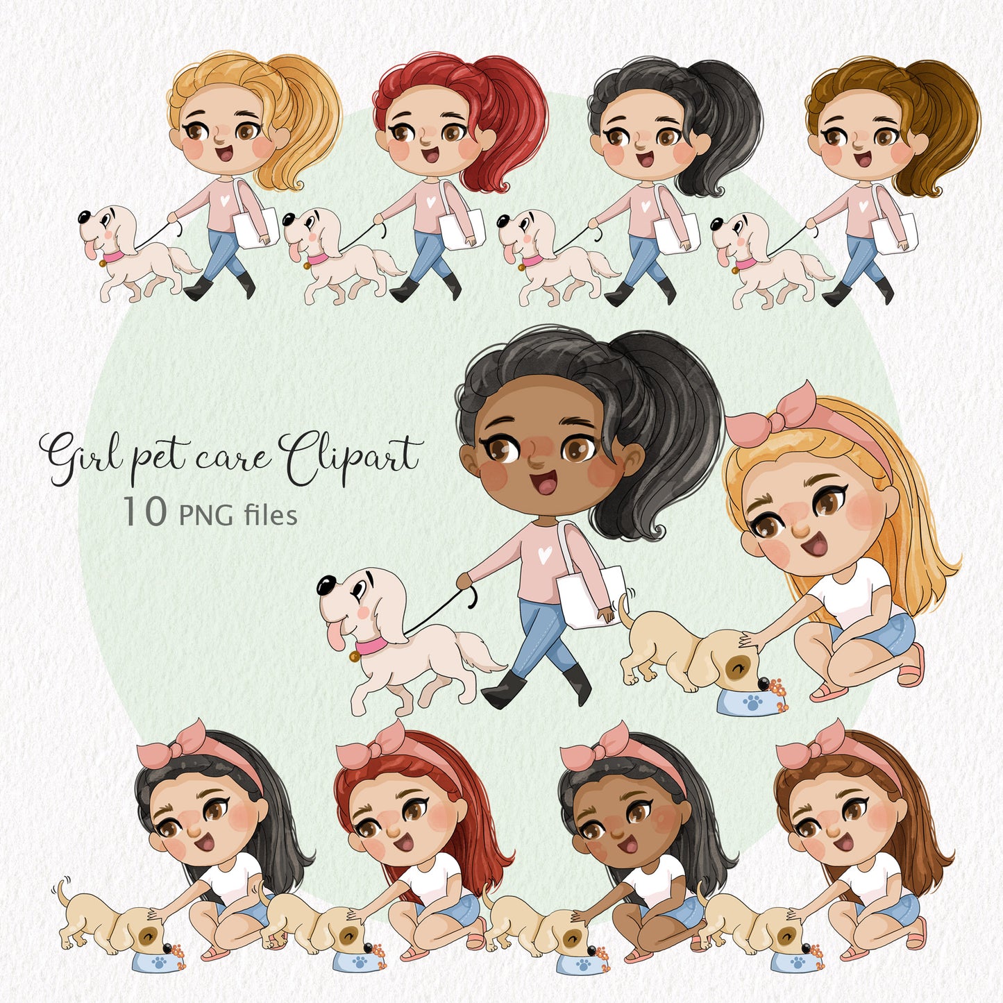 Walking dog, girl with dogs clipart ,PNG files 300 dpi.