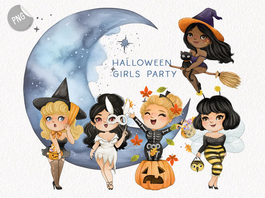 Halloween girls party clipart PNG files instant download PNG file - 300 dpi.