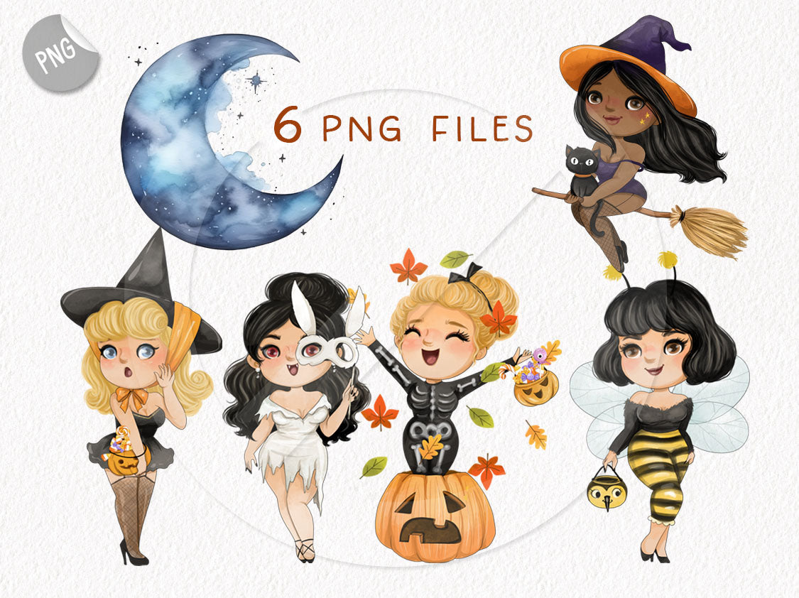 Halloween girls party clipart PNG files instant download PNG file - 300 dpi.