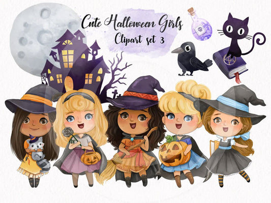 Cute Halloween Girls clipart set3 instand download PNG file - 300 dpi