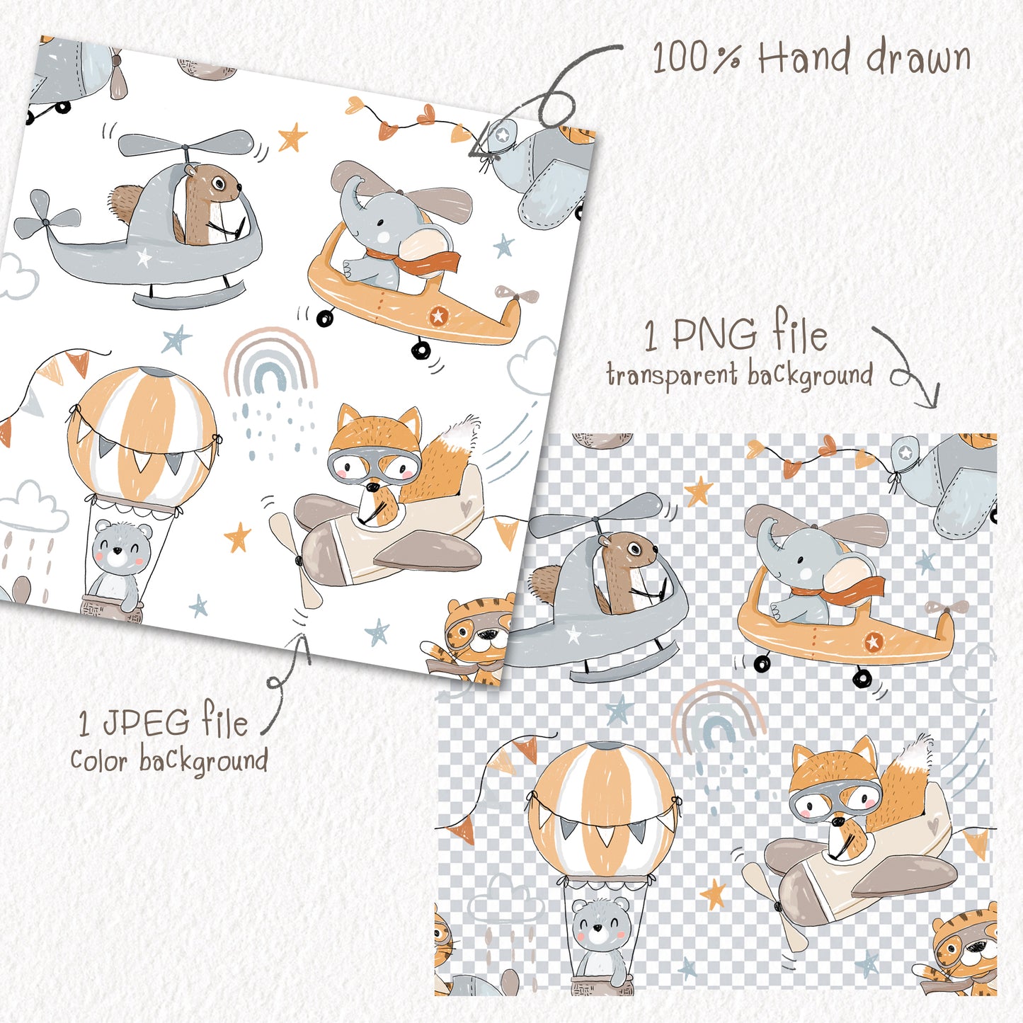 Animals airplane Seamless Pattern, instant download PNG file - 300 dpi