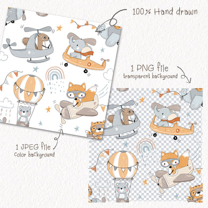 Animals airplane Seamless Pattern, instant download PNG file - 300 dpi