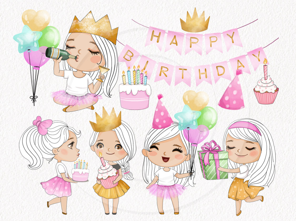 Cute Birthday girls clipart instant download PNG file - 300 dpi