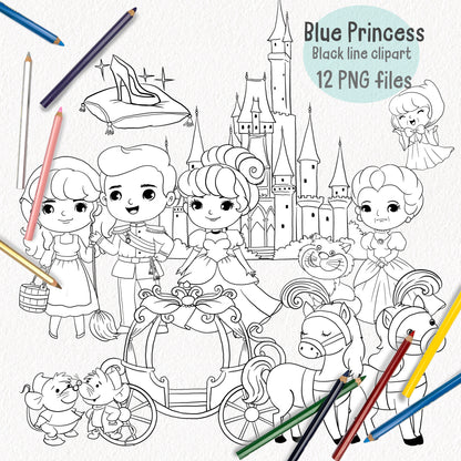 Blue Princess clipart ,blackline art , digital stamp ,instant download PNG file - 300 dpi