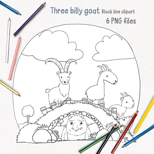 Three Billy Goats Gruff Clip Art,blackline art , digital stamp ,instant download PNG file - 300 dpi