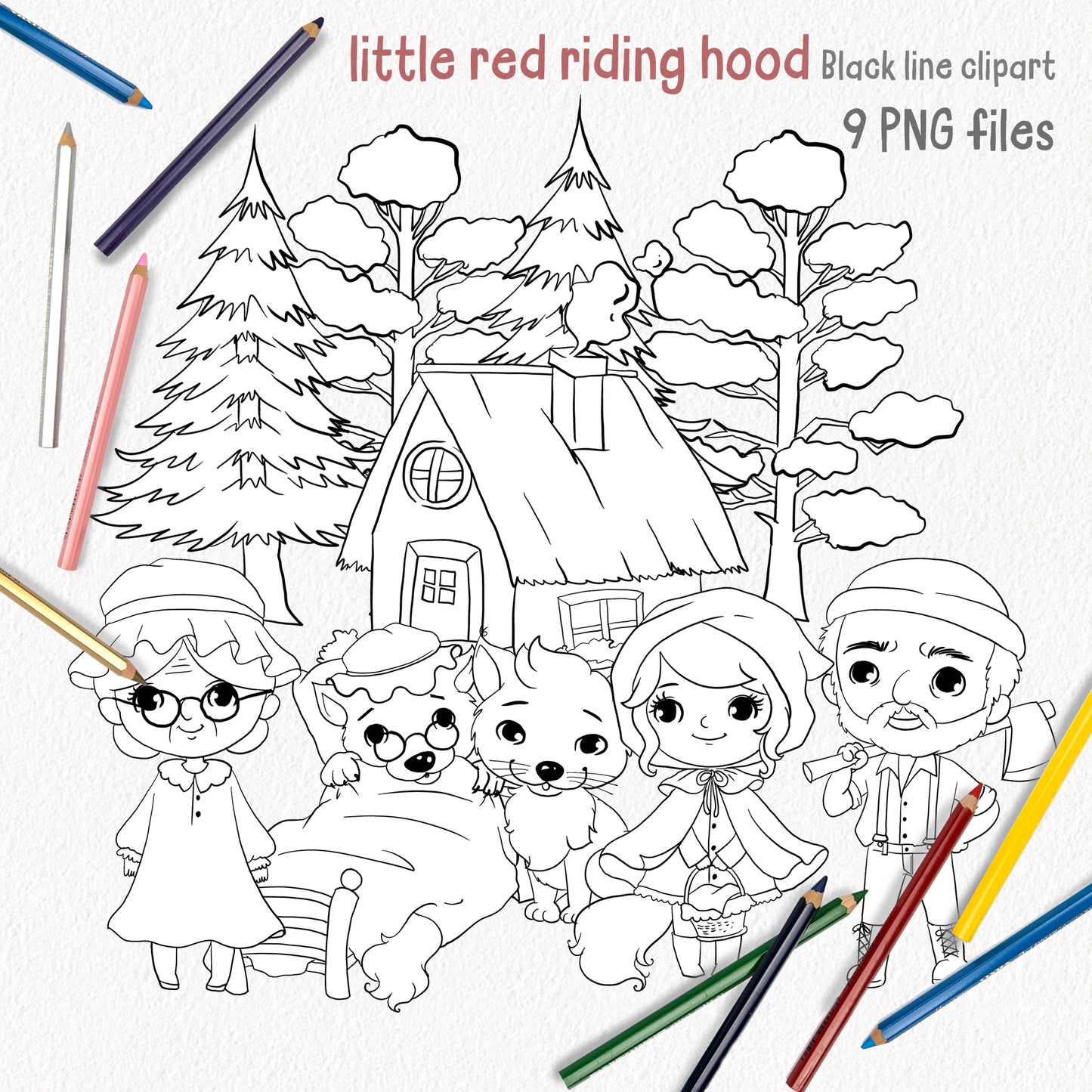 Red Riding Hood Clipart ,blackline art , digital stamp ,instant download PNG file - 300 dpi