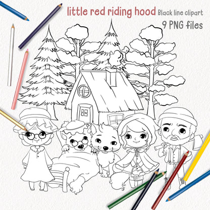 Red Riding Hood Clipart ,blackline art , digital stamp ,instant download PNG file - 300 dpi