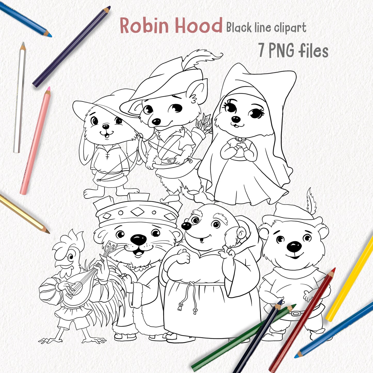 Cute robin hood clipart ,blackline art , digital stamp ,instant download PNG file - 300 dpi