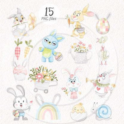 Bunnies Easter Pastel clipart instant download PNG file - 300 dpi