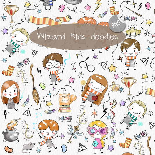 Wizard kids Hand drawn doodle Clipart , PNG file - 300 dpi
