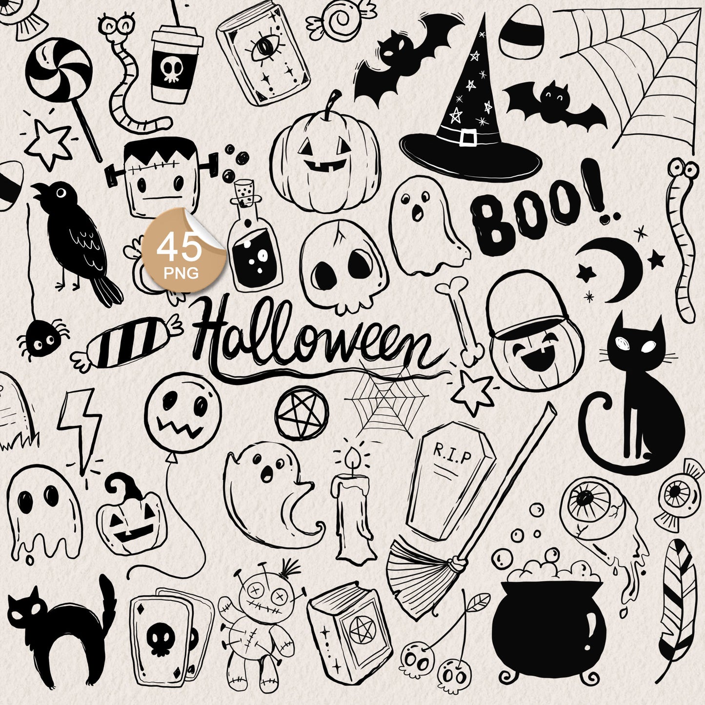Halloween doodle clipart PNG files instant download PNG file - 300 dpi.