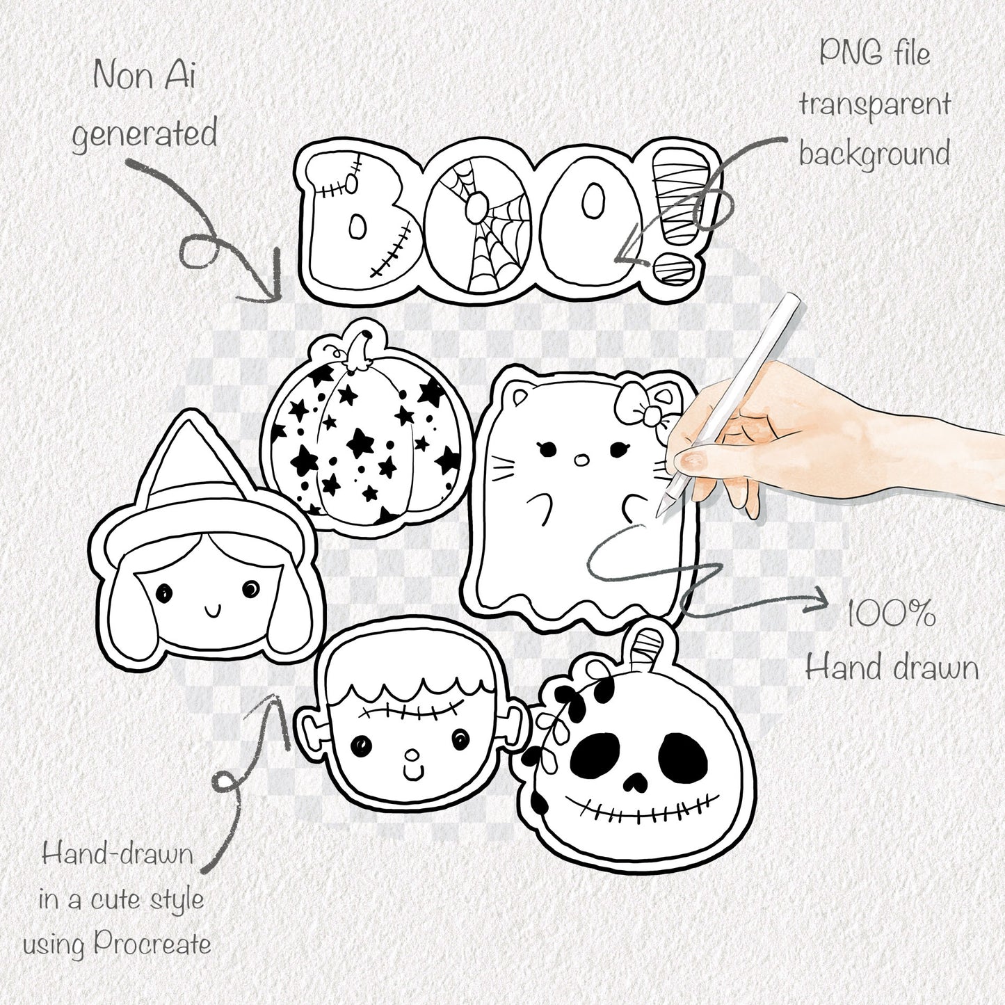 Halloween Cookies doodle ,blackline clipart, PNG file - 300 dpi