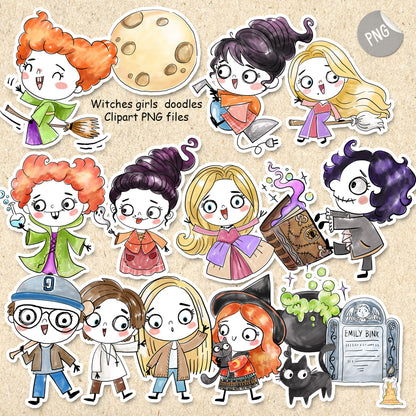 Witch girls Doodles clipart  instant download PNG file - 300 dpi