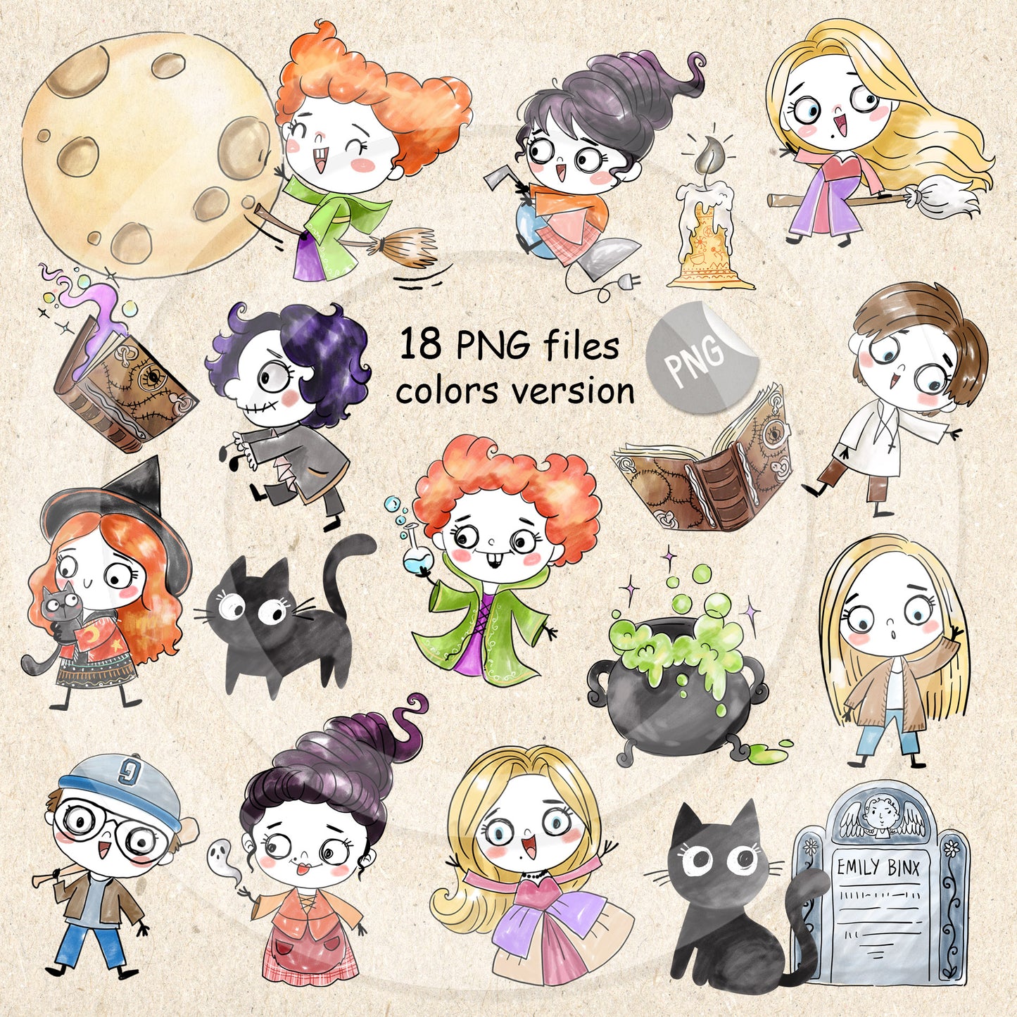Witch girls Doodles clipart  instant download PNG file - 300 dpi