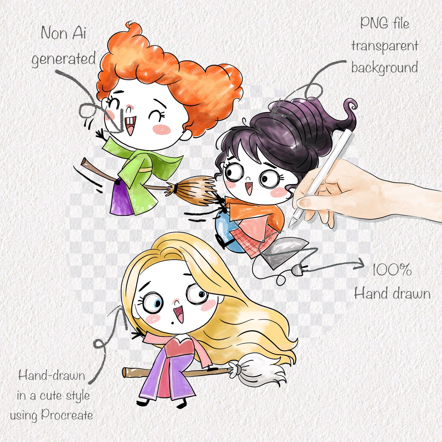 Witch girls Doodles clipart  instant download PNG file - 300 dpi