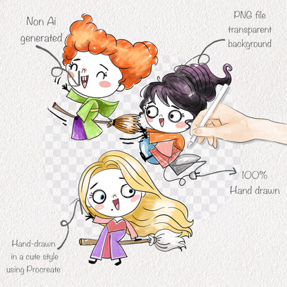 Witch girls Doodles clipart  instant download PNG file - 300 dpi