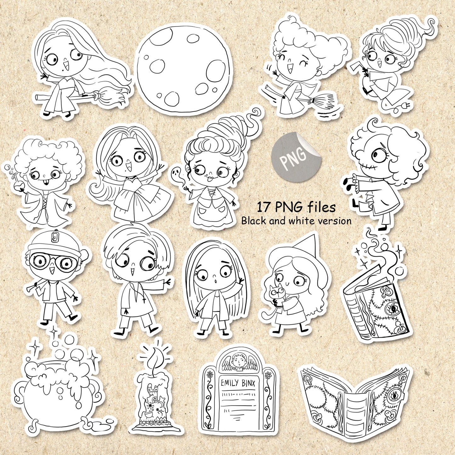 Witch girls Doodles clipart  instant download PNG file - 300 dpi