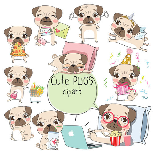 Cute PUG ,Kawaii PUG clipart instant download PNG file - 300 dpi