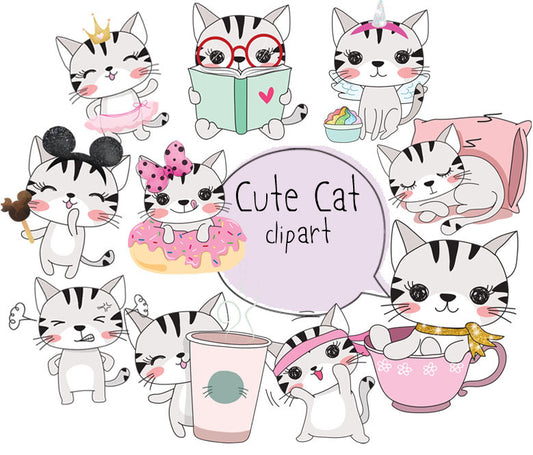 Cute cat clipart set 1 Instant Download PNG file - 300 dpi