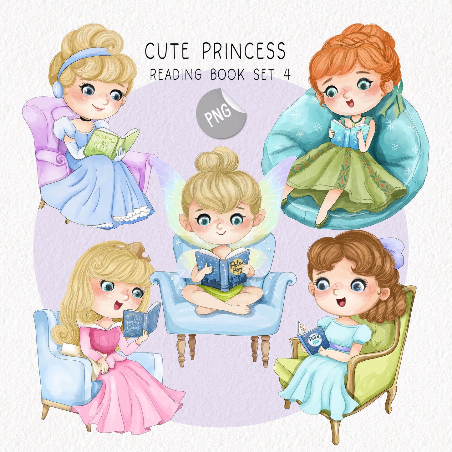 Cute Princess reading book clipart set 4, PNG set 1,PNG files 300 dpi.