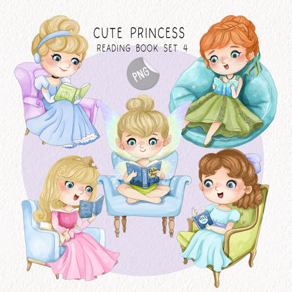 Cute Princess reading book clipart set 4, PNG set 1,PNG files 300 dpi.