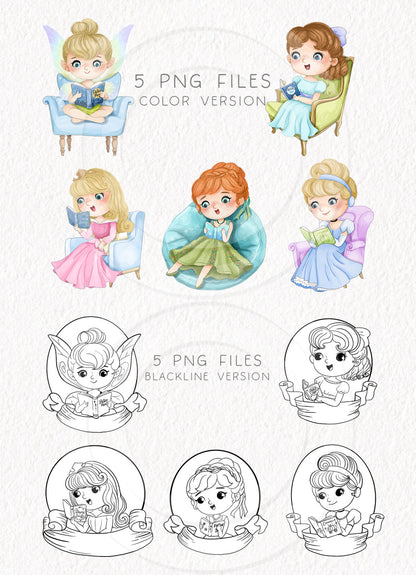 Cute Princess reading book clipart set 4, PNG set 1,PNG files 300 dpi.