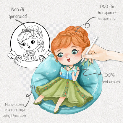 Cute Princess reading book clipart set 4, PNG set 1,PNG files 300 dpi.