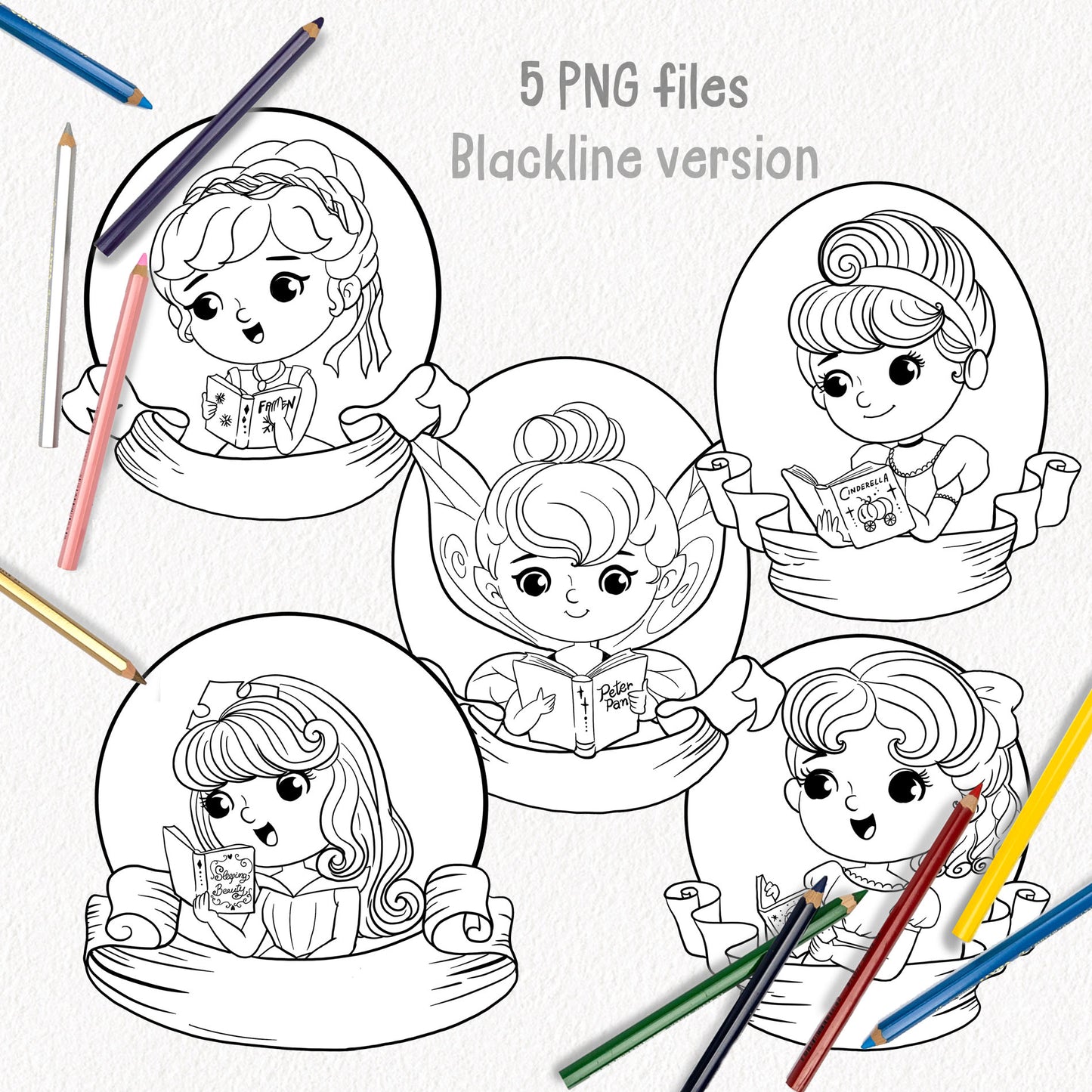 Cute Princess reading book clipart set 4, PNG set 1,PNG files 300 dpi.