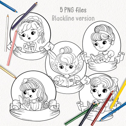 Cute Princess reading book clipart set 4, PNG set 1,PNG files 300 dpi.