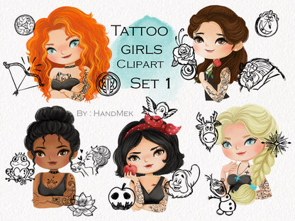 Tattoo girls clipart set1 instant download PNG file - 300 dpi