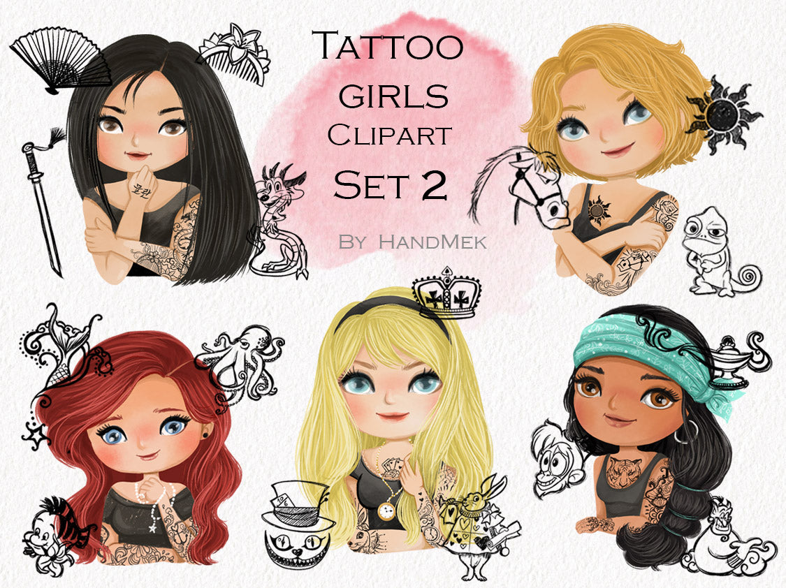 Tattoo girls clipart set2 instant download PNG file - 300 dpi