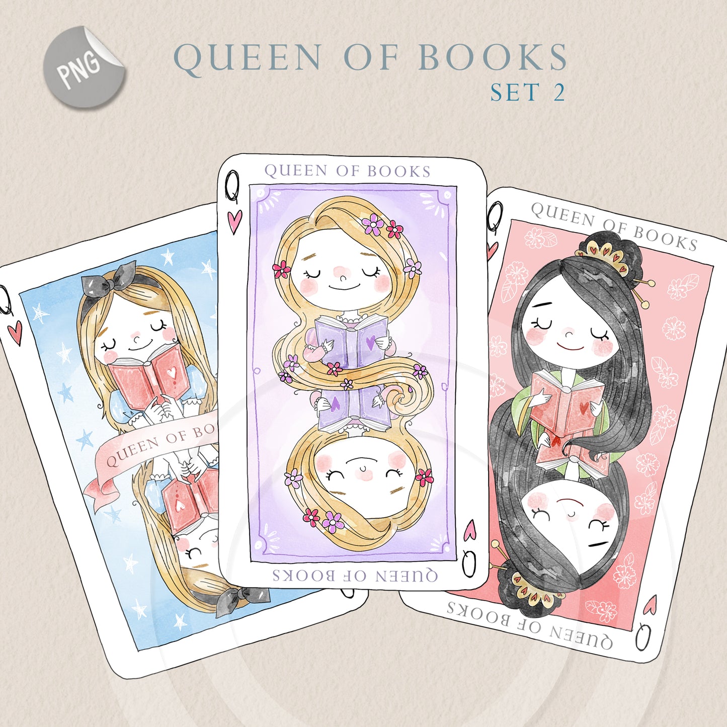 Queen of books set 2 Hand Drawn clipart instant download PNG file - 300 dpi