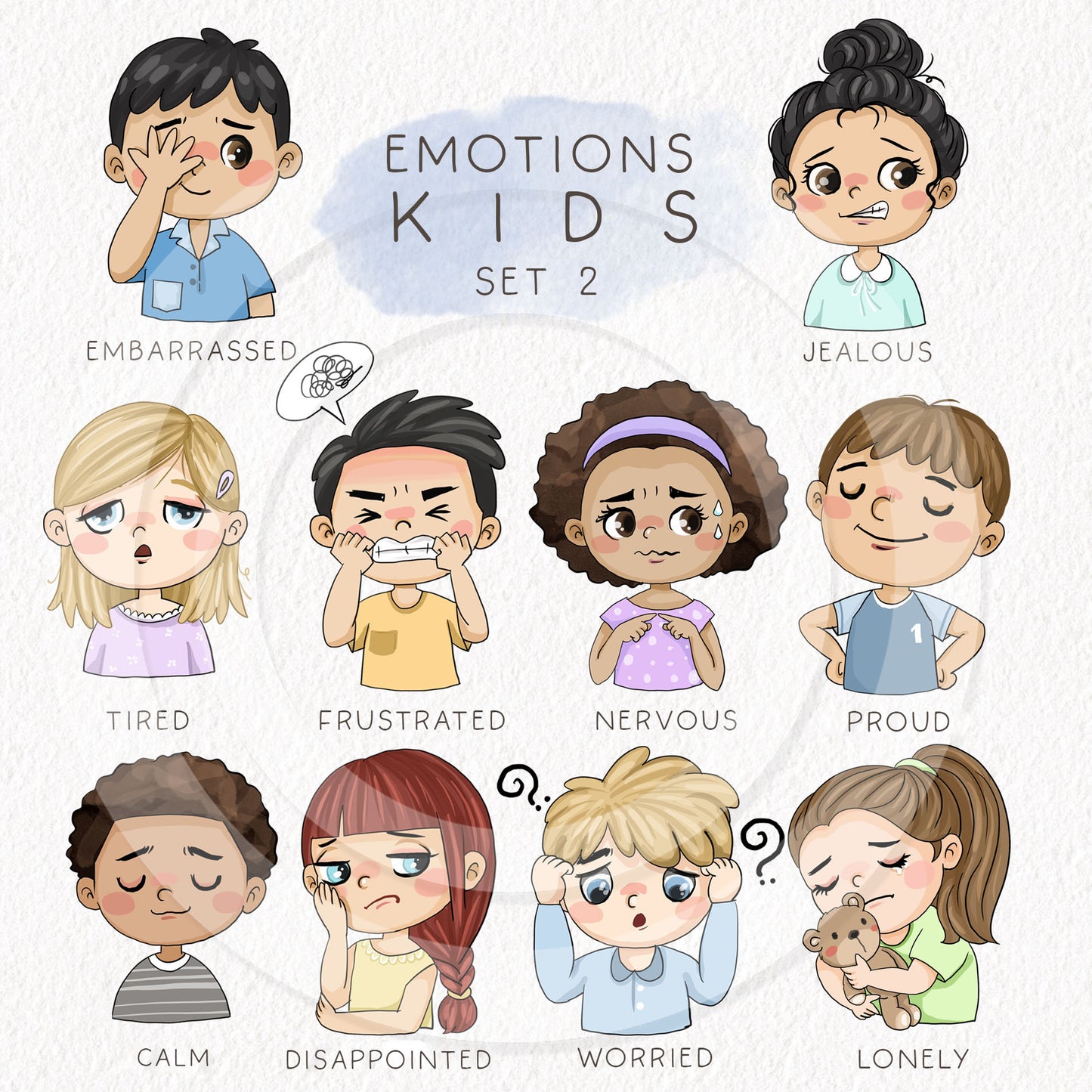 Emotions kids clipart set2, instant download PNG file - 300 dpi