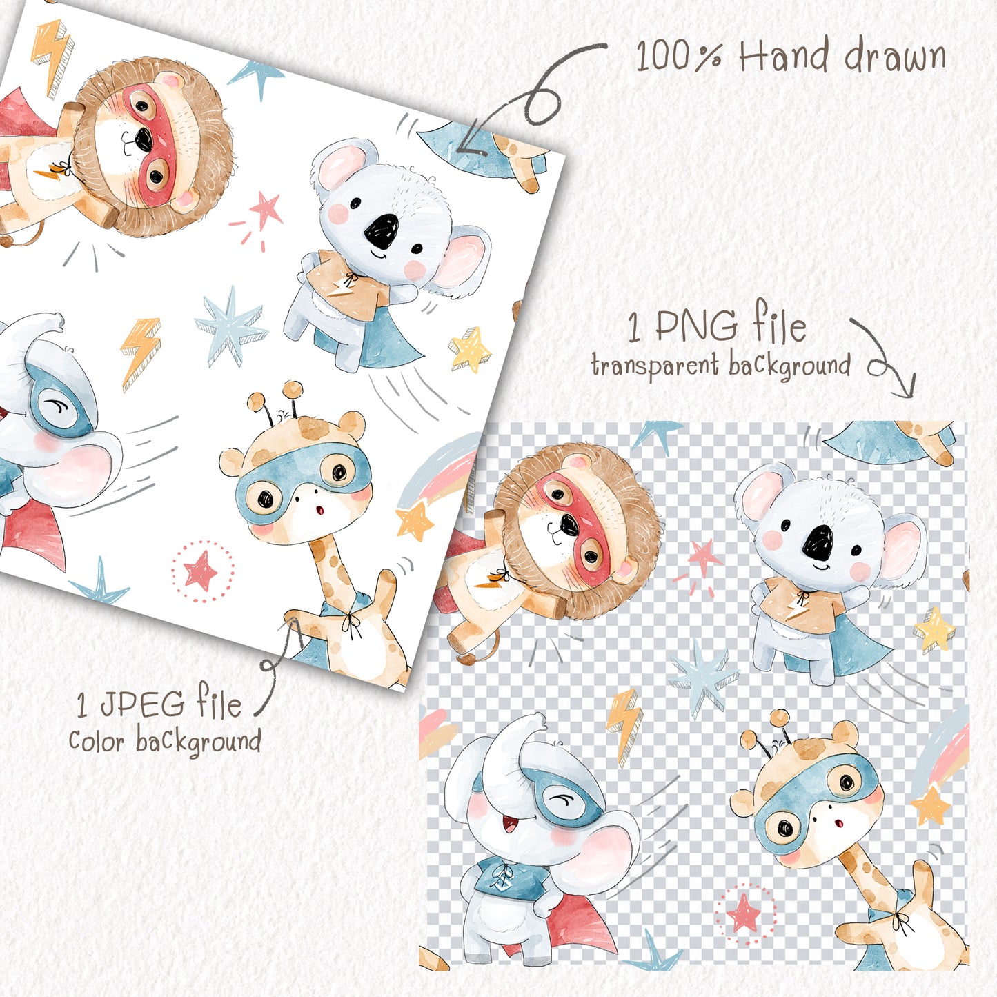 Animals superhero Seamless Pattern, instant download PNG file - 300 dpi